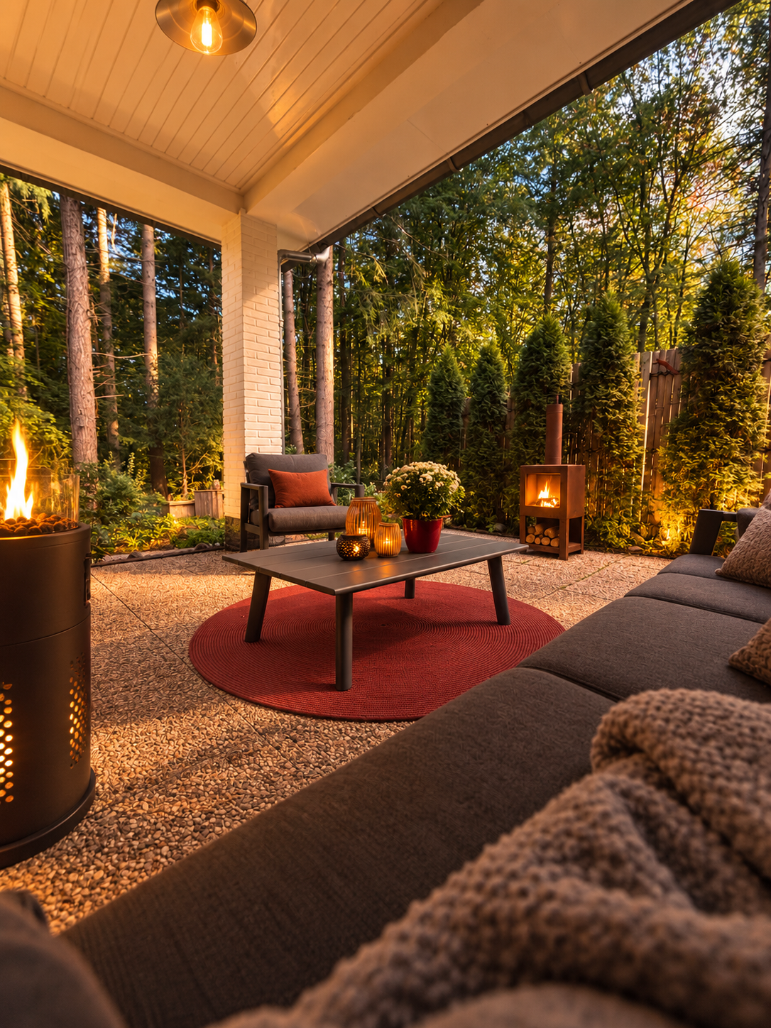 De overdekte veranda van De Koningslodge met comfortabele loungeplek en buitenhaard