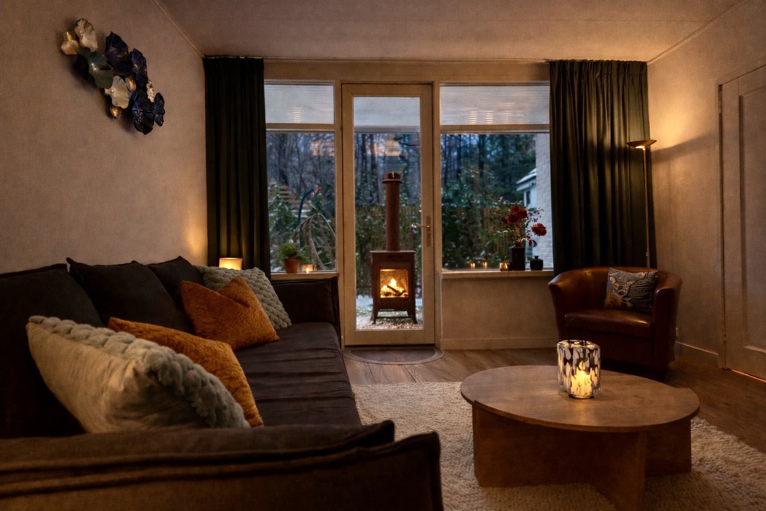 Warme, sfeervolle woonkamer van De Koningslodge